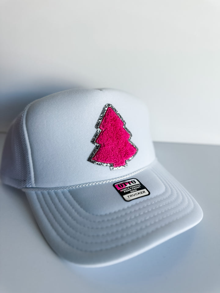 Christmas Trucker Hats Hat Stevie Js & Co. White with Pink Tree