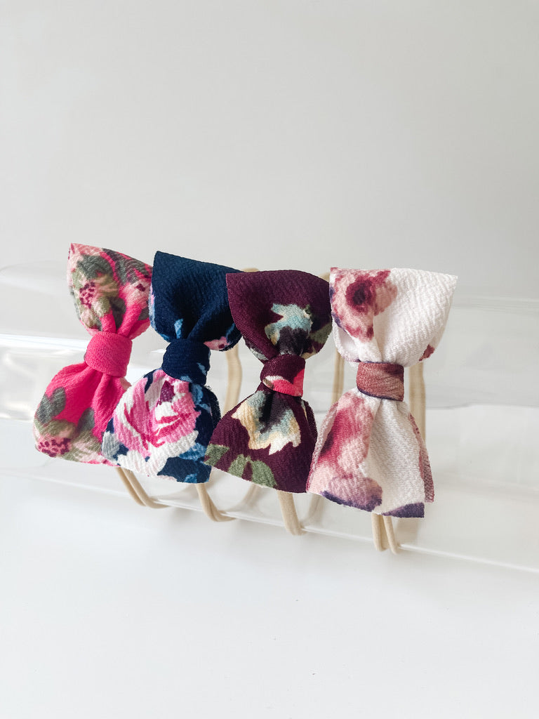 Mini Bow on Nylon BUNDLE: Bright Pink Floral, Blue Floral, Burgundy Floral, French Floral "Julia" (4) StevieJs