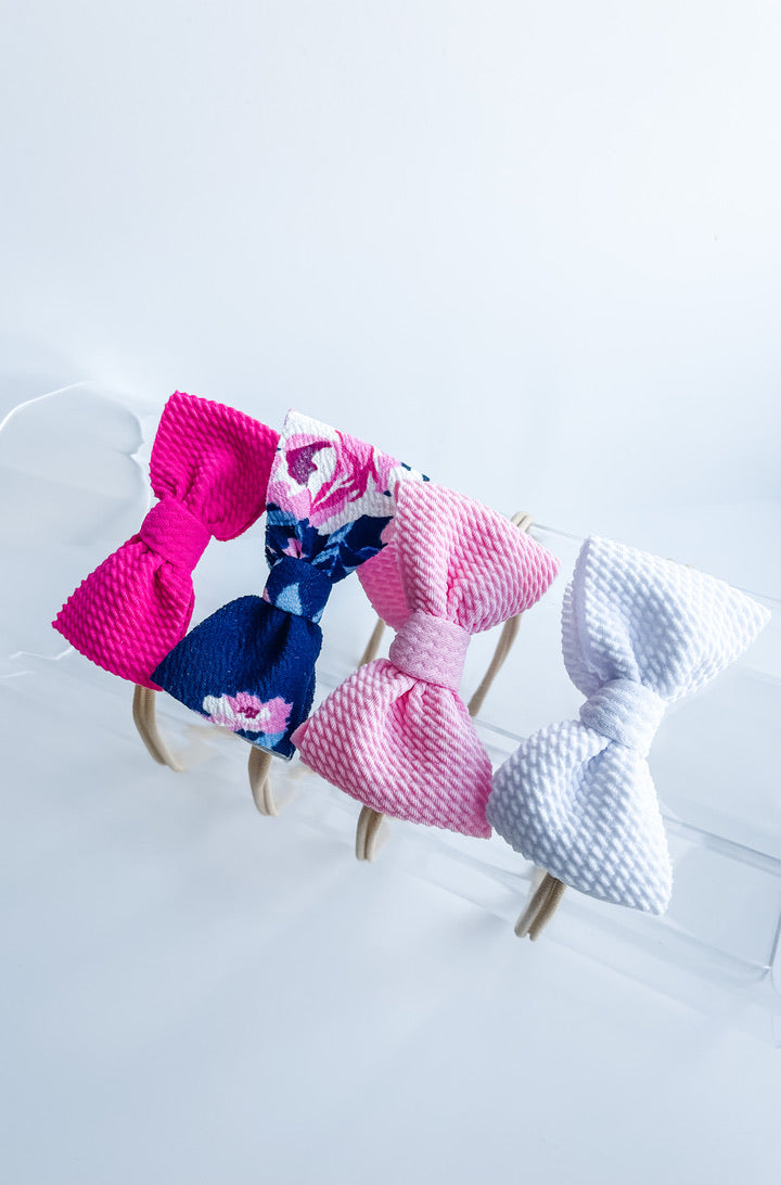 Mini Bow on Nylon BUNDLE: Hot Pink, Blue Floral, Ballerina, & White "Chandler" (4) StevieJs