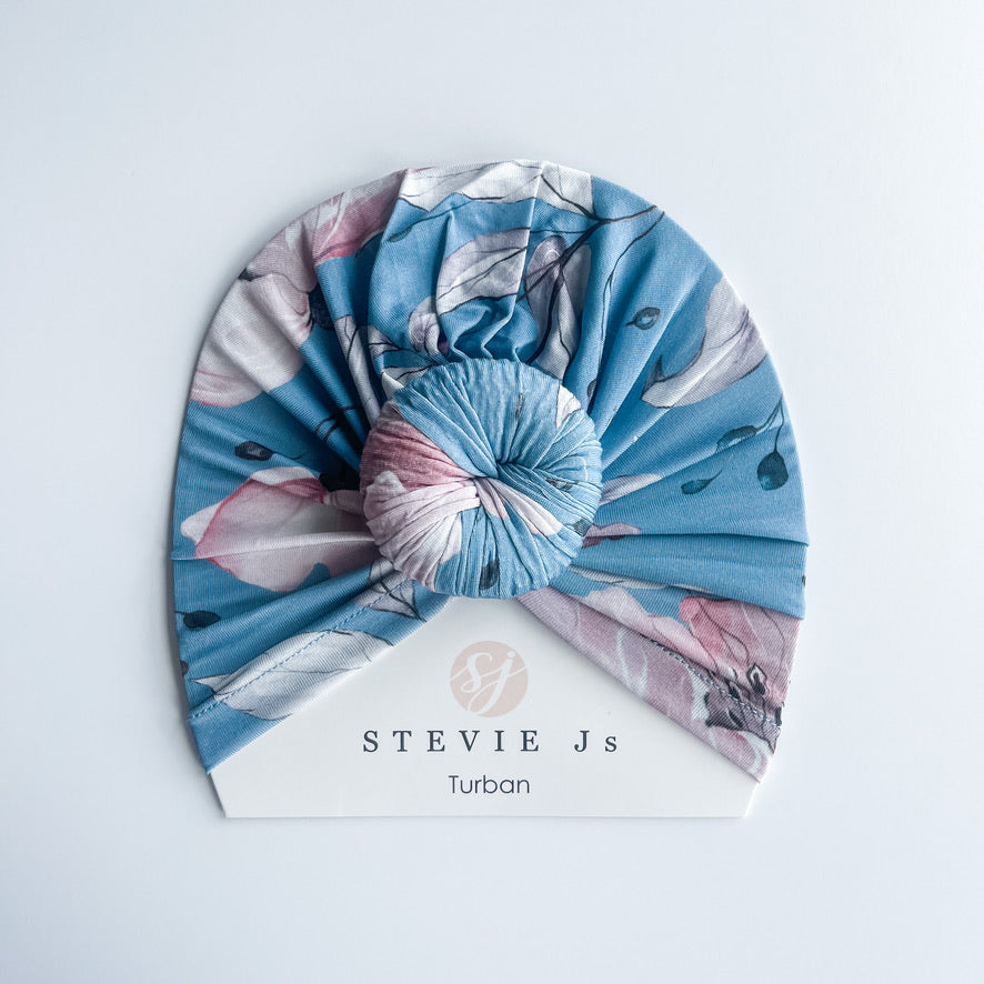 Dusty Blue Floral Bamboo Turban StevieJs