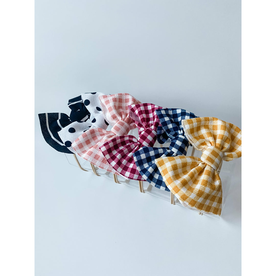 B&W Stripe, B&W Dots, Pink Gingham, Red Gingham, Navy Gingham, Mustard Gingham “Julia” Bow On Nylon OR Clip BUNDLE (6) StevieJs