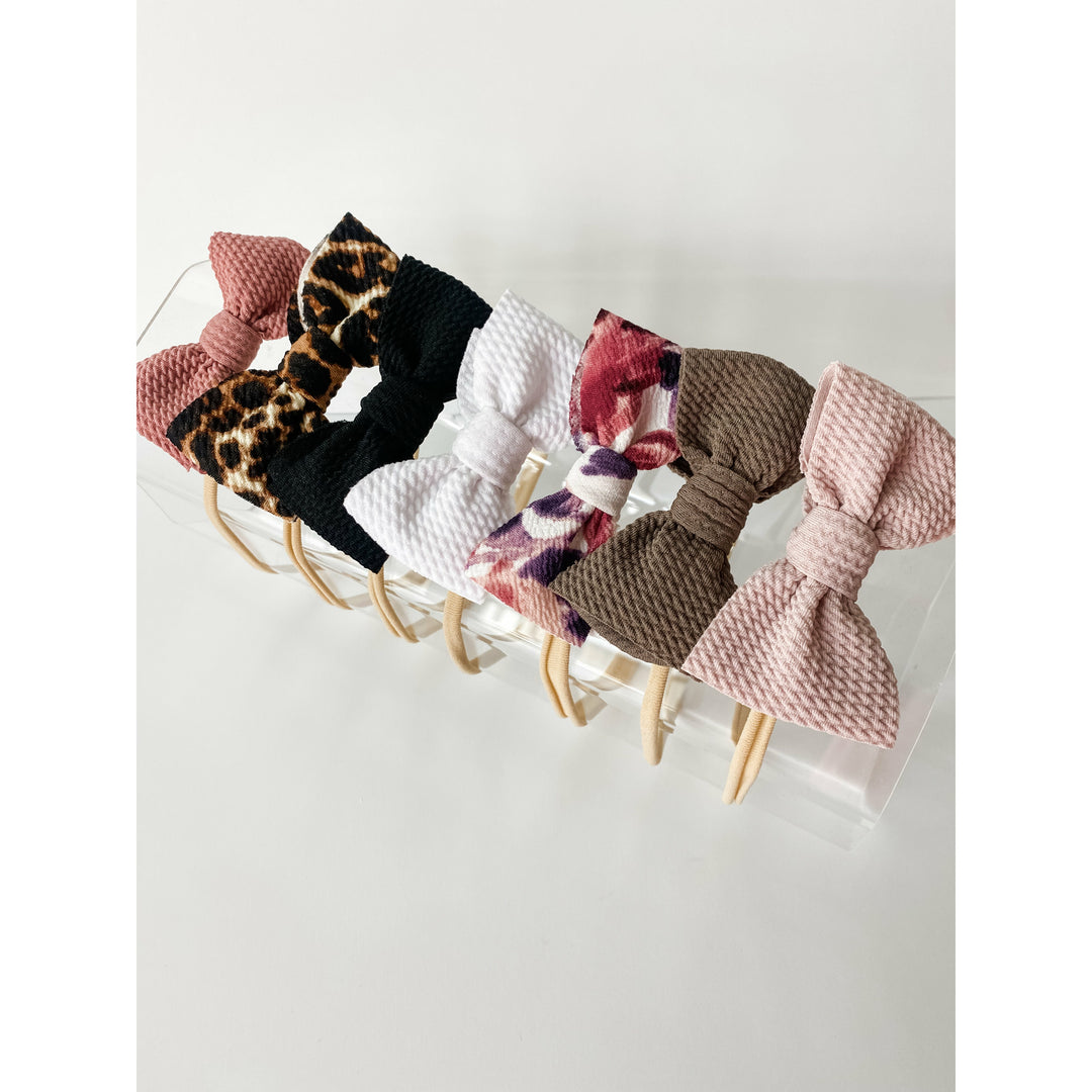 Mini Bow On Nylon BUNDLE: Rosie Posie, Leopard, Black, White, French Floral, Taupe, Powder (7 Total) StevieJs