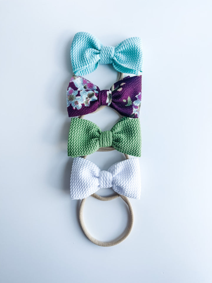 Mini Bow on Nylon BUNDLE: Mint, Burgundy Floral, Fern, & White "Chandler" (4)  StevieJs   